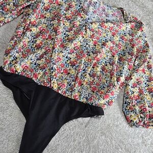 Pleione Multicolor Floral Button-Front Bodysuit with Black Trim